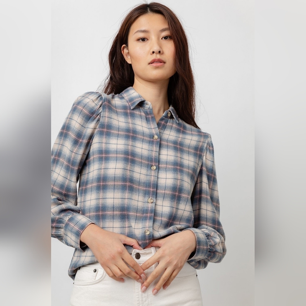 Rails Angelica Flannel Button Down In Natural Marine/Pink Plaid SZ XS
